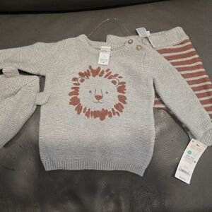 Carter's Gray Knit Sweater/ Pant Set with Brown Lion Design And Stripes 3 Months